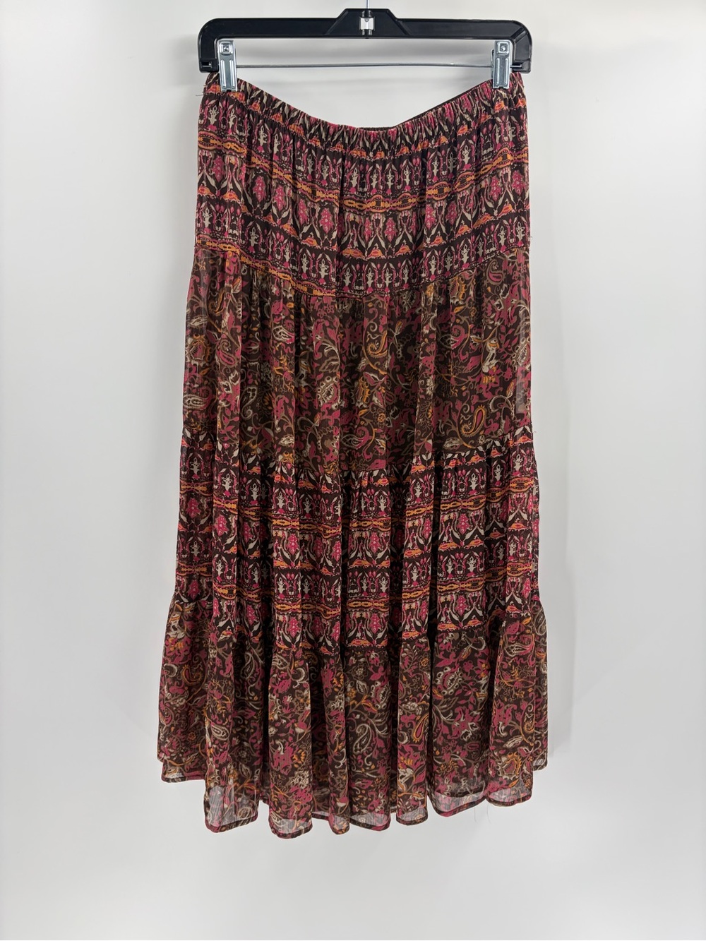 Y2K Boho Paisley Tiered Maxi Skirt bohemian boho beach Brown Pink size small